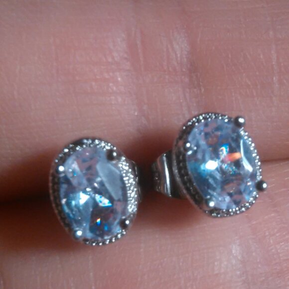 Simulated Blue and White Diamond Silvertone Brass Stud Earrings - Picture 12 of 13